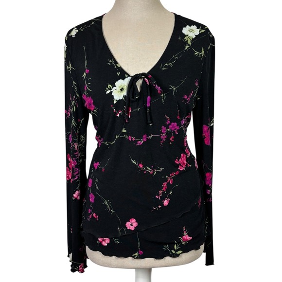 CDC Tops - Vtg Black Floral Long Sleeve Top V-Neck Tie Front Lettuce Edge Sz 12 Y2K Goth